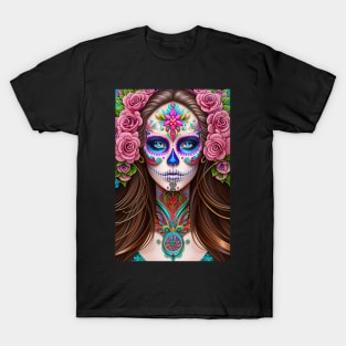 Sugar Skull Art - Colorful Woman in Sugar Skull Makeup T-Shirt